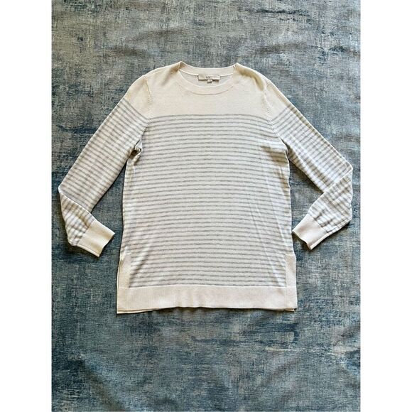 Loft Off White Blue Gray Stripe Crewneck Sweater Women's Large - Picture 2 of 7